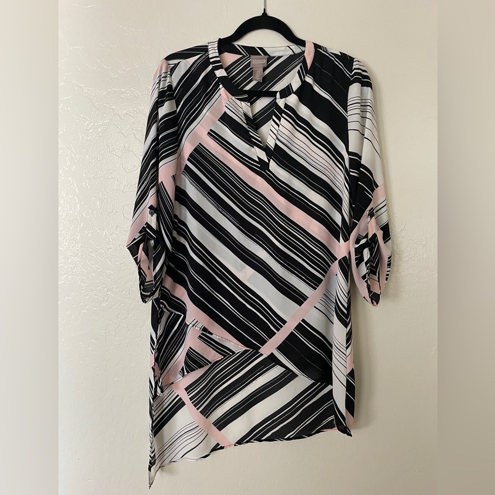 Chico's Black, White & Pink Striped V-Neck Tunic